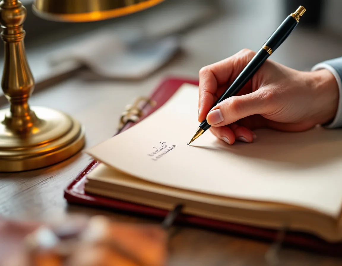 A hand writing notes in a leather-bound ledger