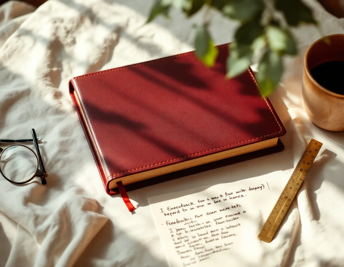 A leather-bound feedback report open with hand-written annotations
